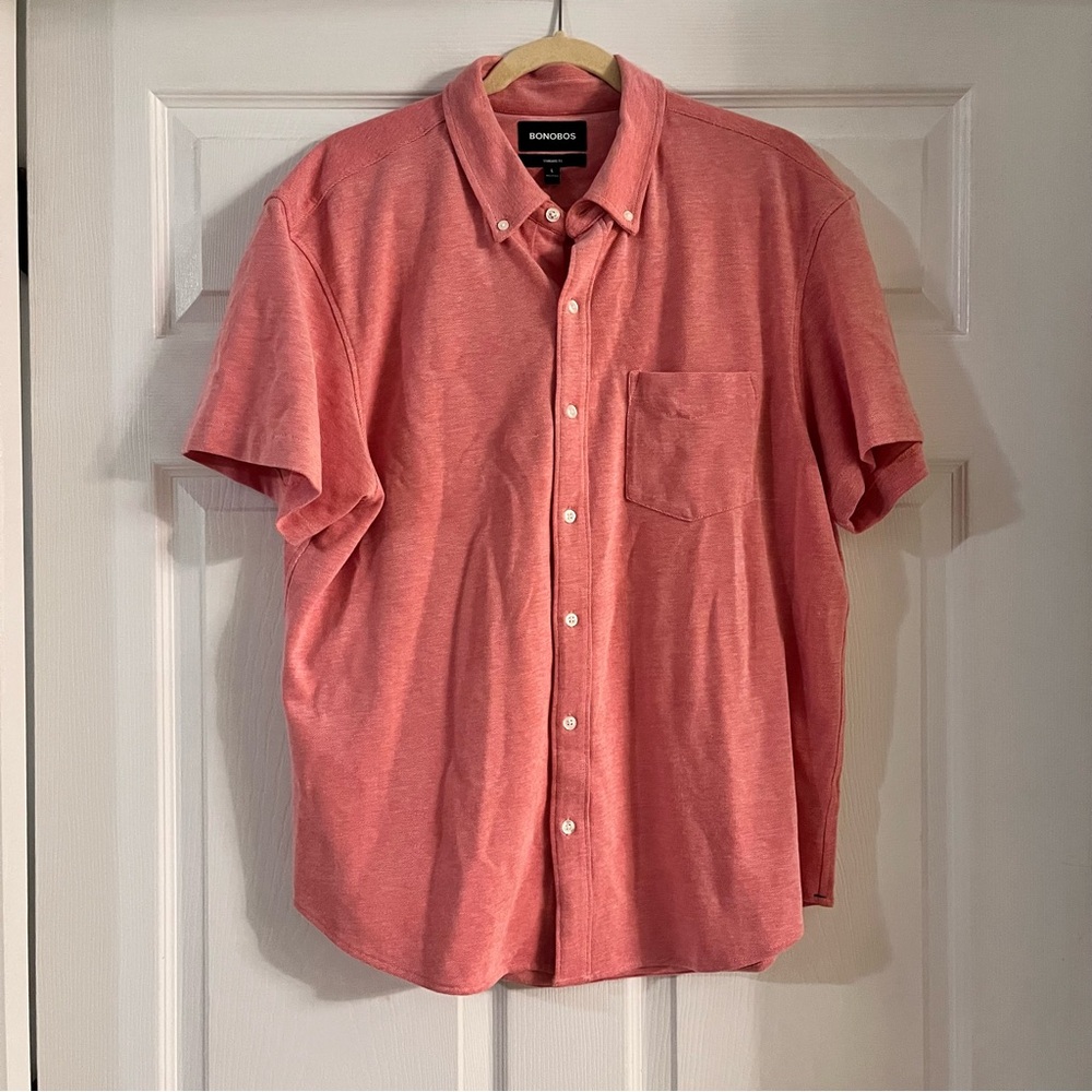 Bonobos Short Sleeve Button Down Coral Pink Collared Shirt Cotton Golf Polo L